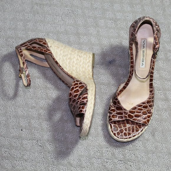 Via Spiga Size 7.5 Brown Alligator Print Espadrille Wedge Heel - Picture 1 of 6